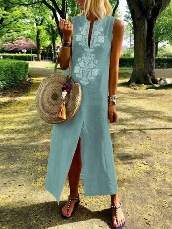 Women's V-neck front split sleeveless cotton and linen dress