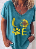 Women's LOVE Sunflower Paw Print Short Sleeve T-Shirt