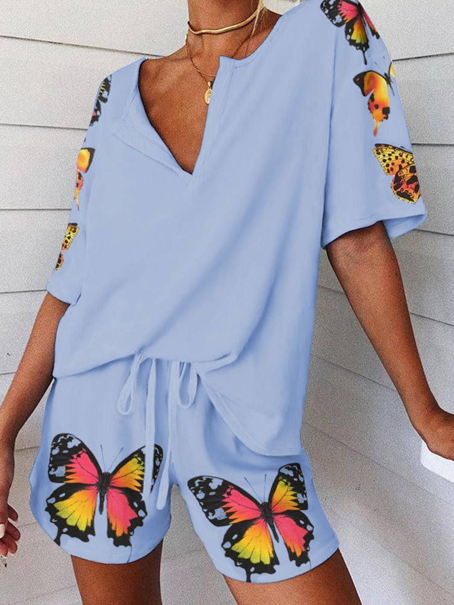 Casual Loose V-Neck Butterfly Top Pants Set