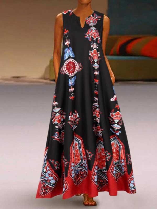 Retro palace style printed V-neck sleeveless long dress dress