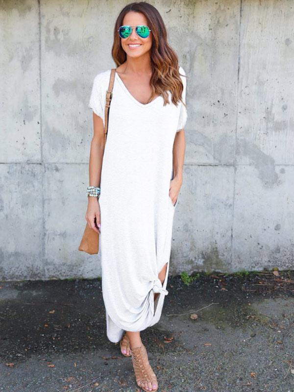 Women's V-neck Solid Color Pocket Split Dress