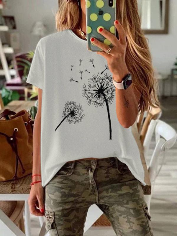 Women's dandelion printed round neck short sleeve T-shirt