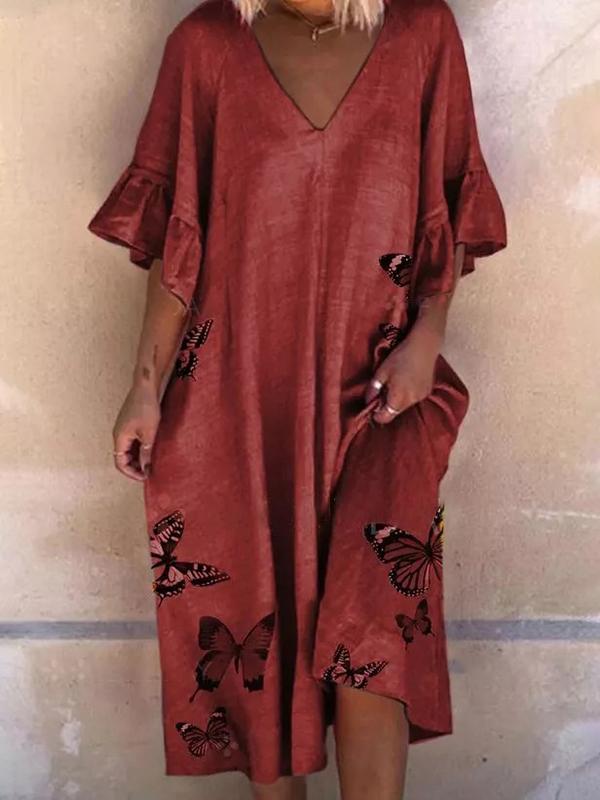 Colorfly Butterfly Print Ruffled Sleeve Midi Dress