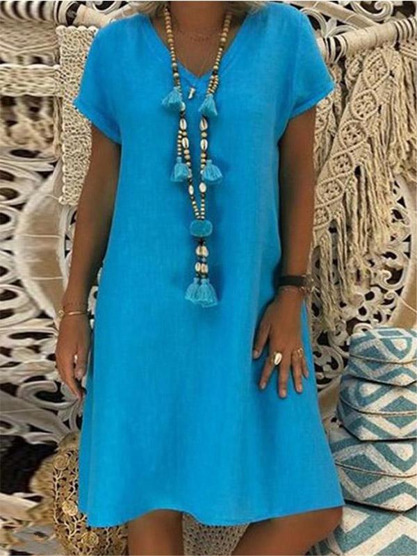 Solid color short sleeve V-neck dress