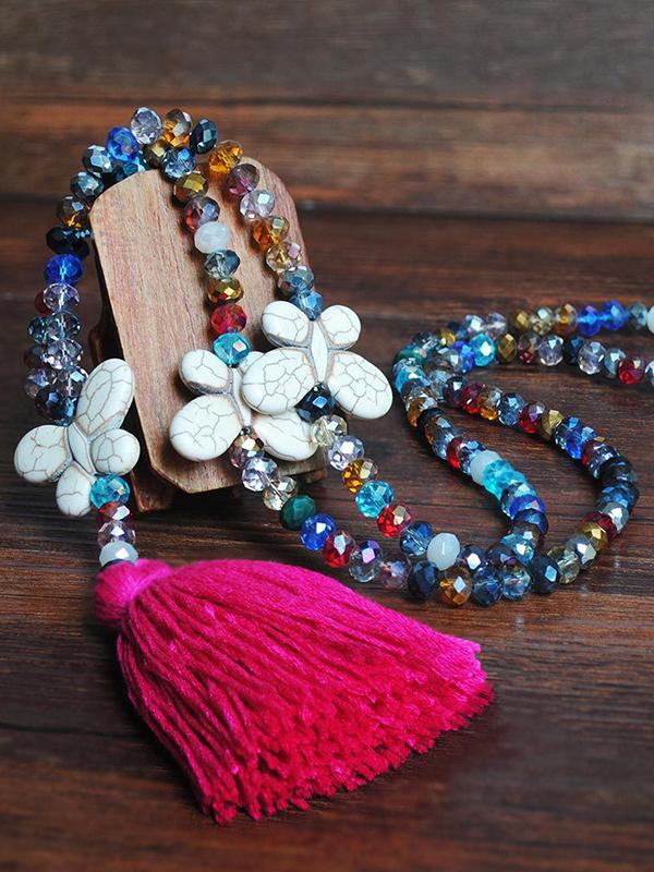 Boho Tassel Handmade Beaded Multicolor Crystal Necklace