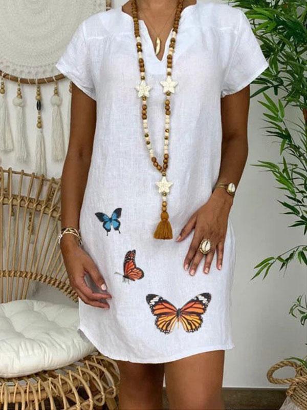 Women's loose cotton and linen butterfly print V-neck dress