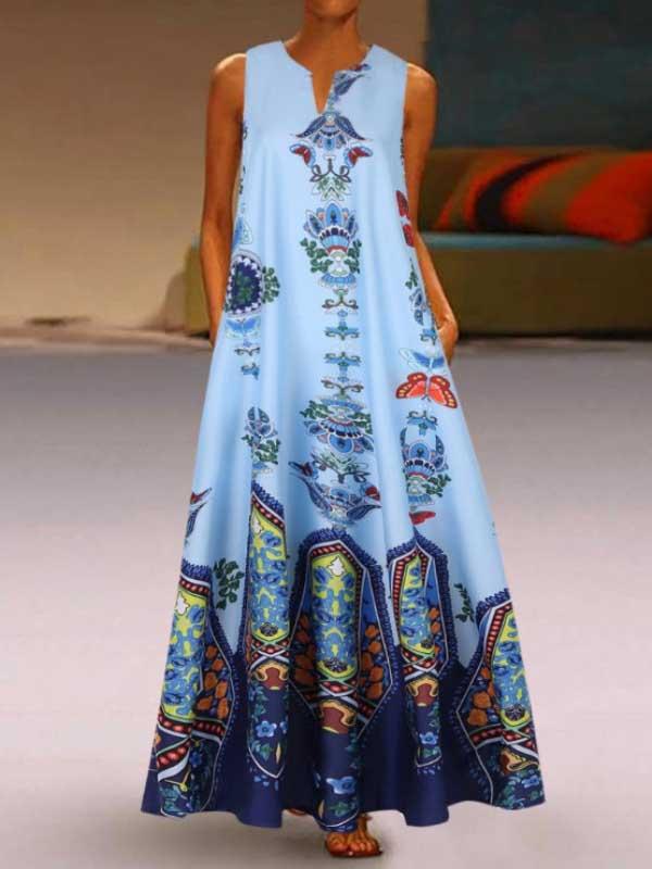 Retro palace style printed V-neck sleeveless long dress dress
