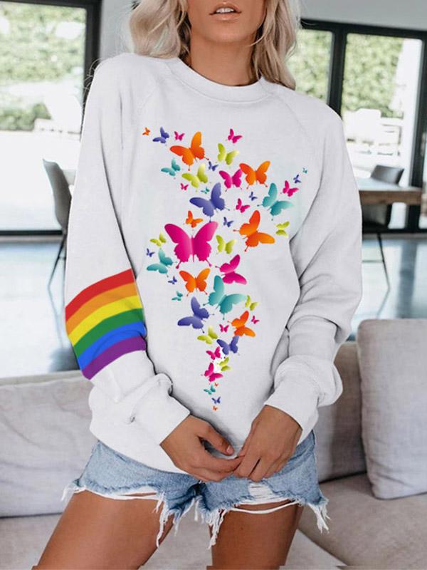 Women's Rainbow Butterfly Print Crew Neck Long Sleeve Sweatshirt