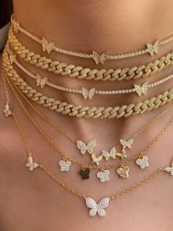 18K Gold Zircon Butterfly Stacked Clavicle Chain Necklace