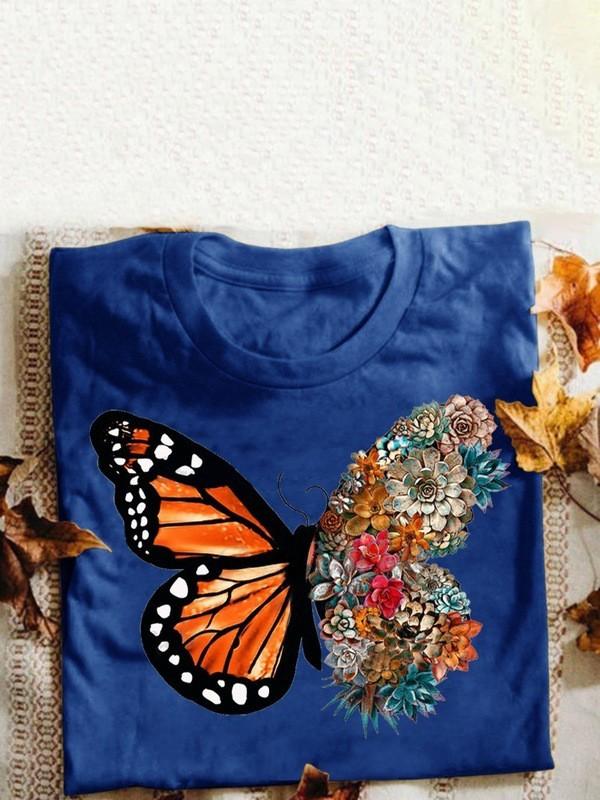 Butterfly flower print short sleeve t-shirt
