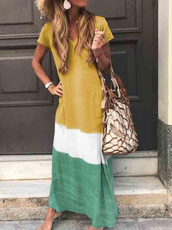 Cotton and linen loose contrast printed V-neck dress