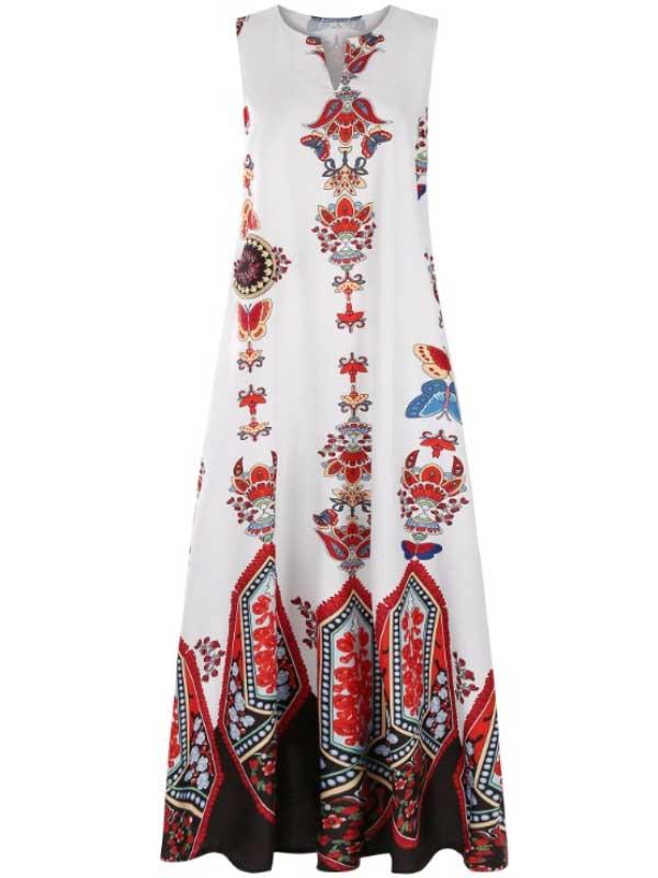 Retro palace style printed V-neck sleeveless long dress dress