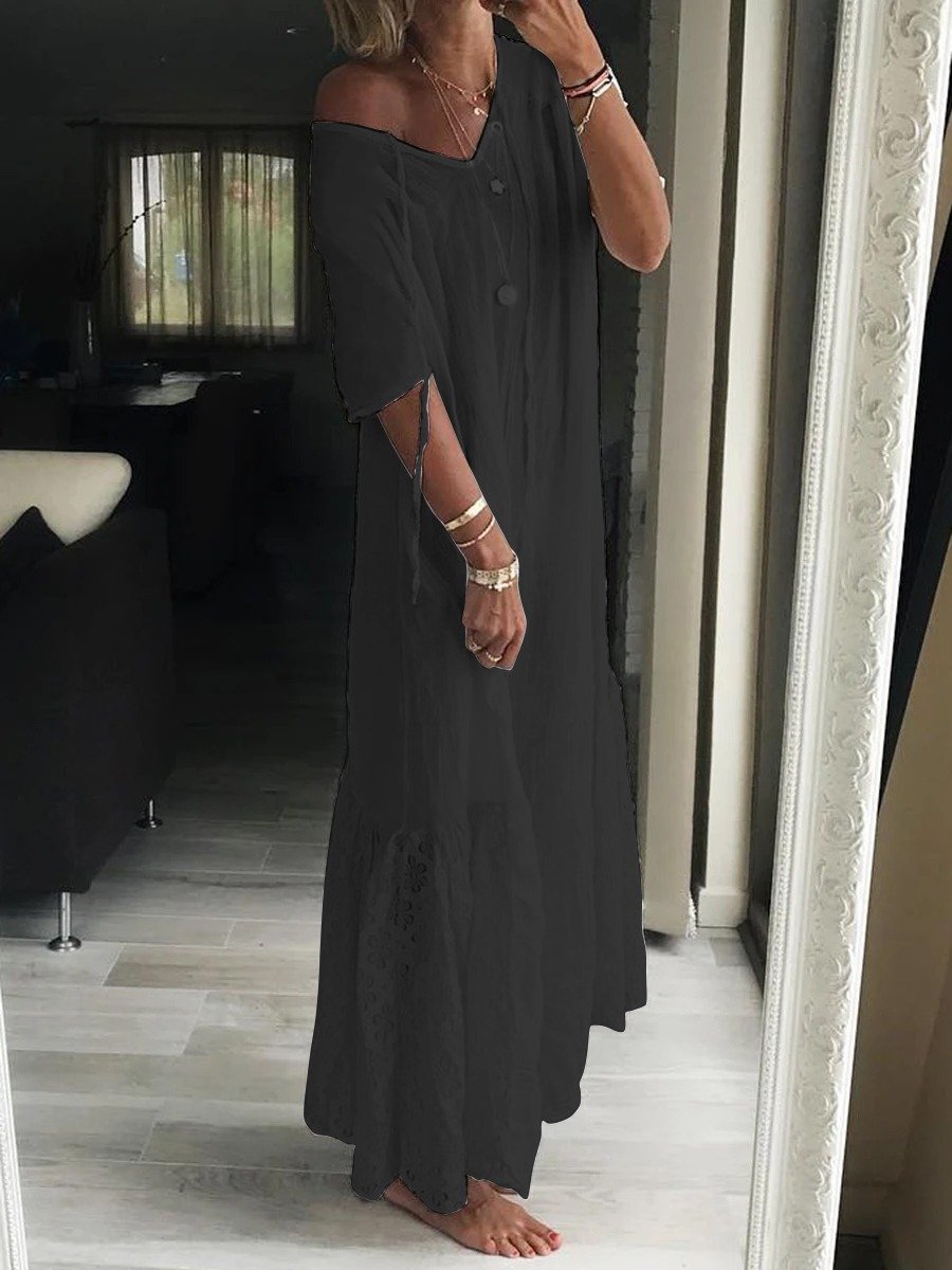 Solid Color Short Sleeve V-Neck Dress