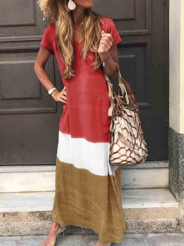 Cotton and linen loose contrast printed V-neck dress