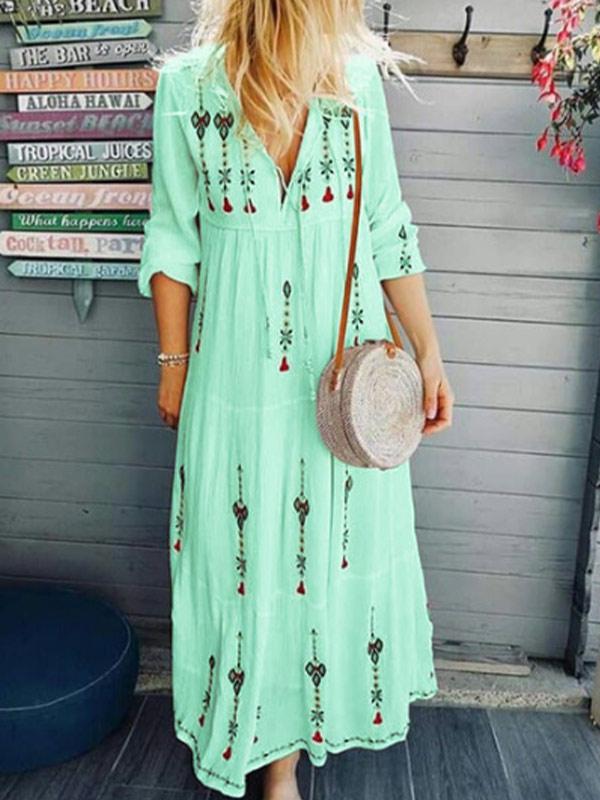 Women's fashion print drawstring cotton and linen long-sleeved dress