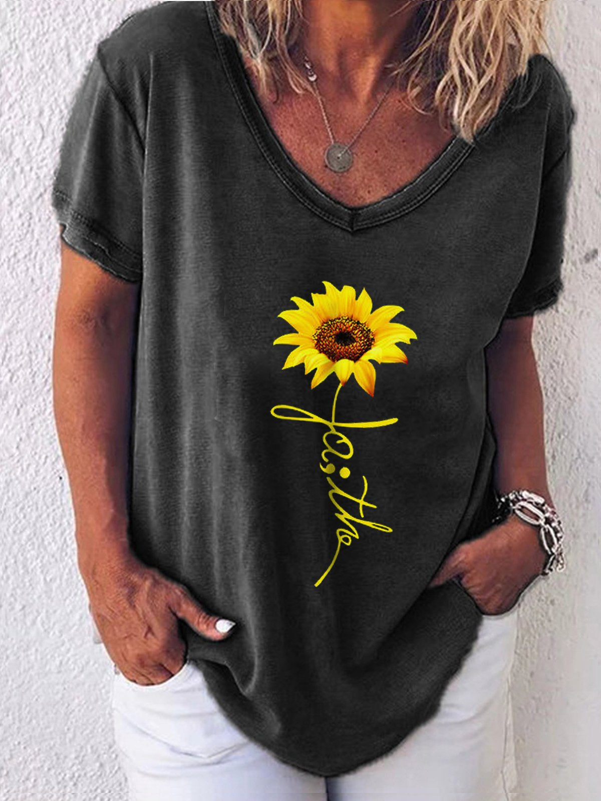 Women's Sunflower Faith Print Loose Casual Top