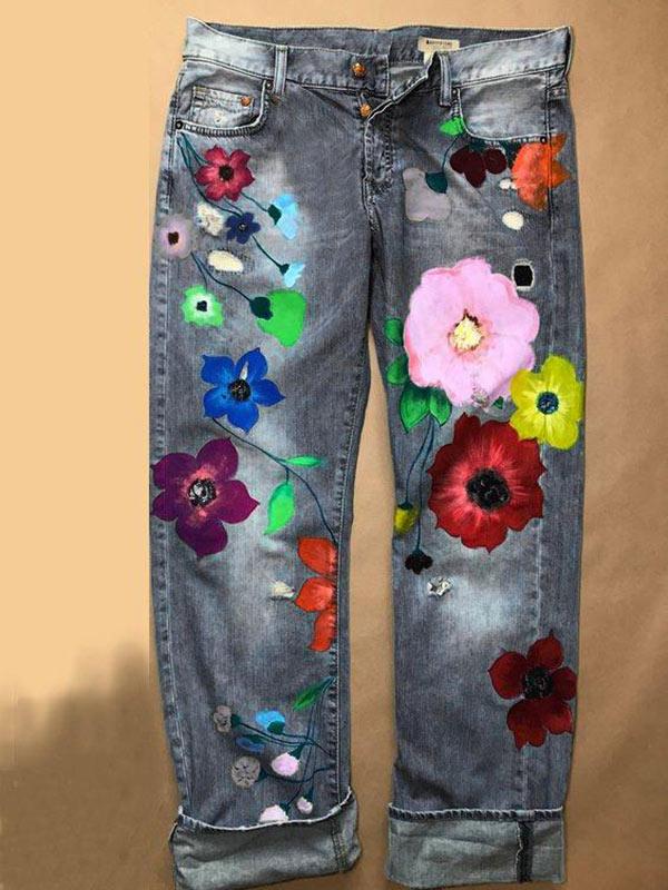 Women's Fashion Print Straight Jeans