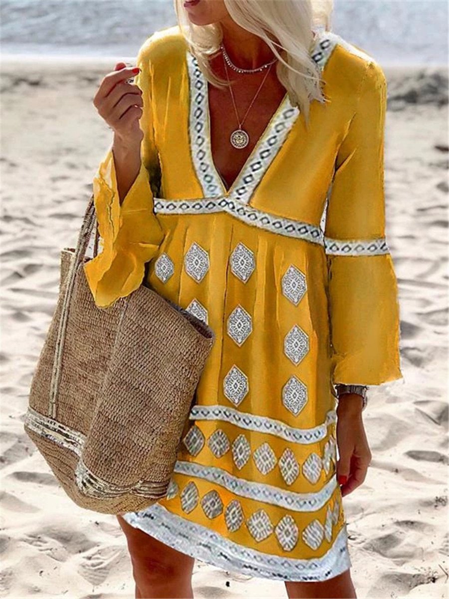 Bohemian Casual Loose Long Sleeve V-Neck Dress