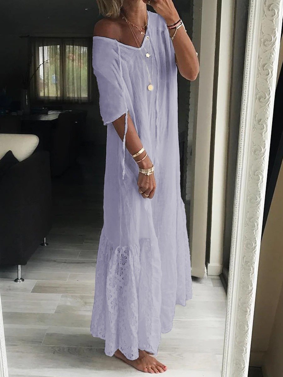 Solid Color Short Sleeve V-Neck Dress