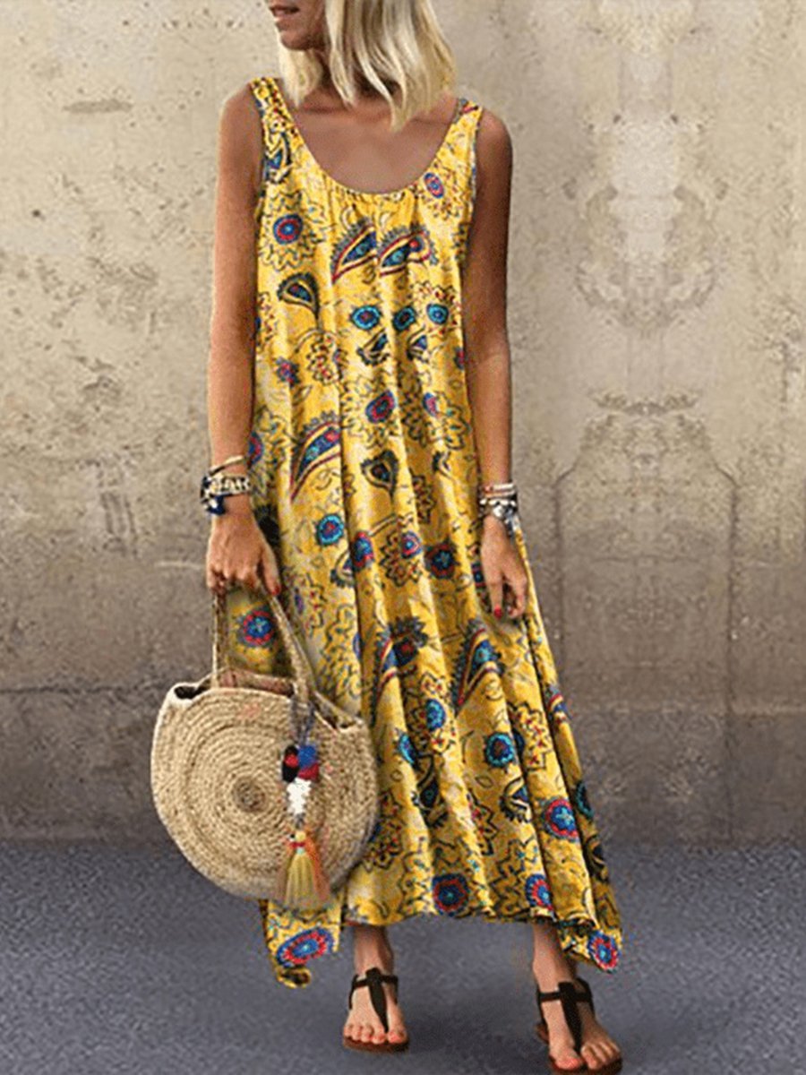 Women Bohemian Loose Sleeveless Dress for Vacation