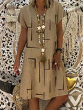 Women's loose cotton and linen printed V-neck dress