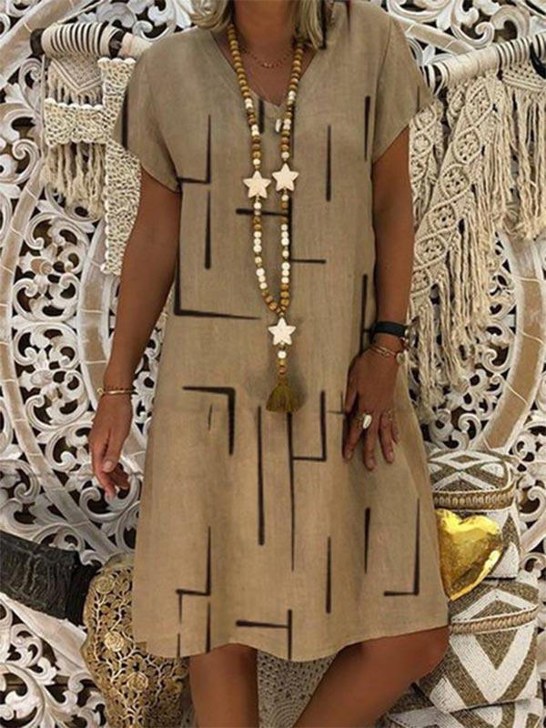 Women's loose cotton and linen printed V-neck dress