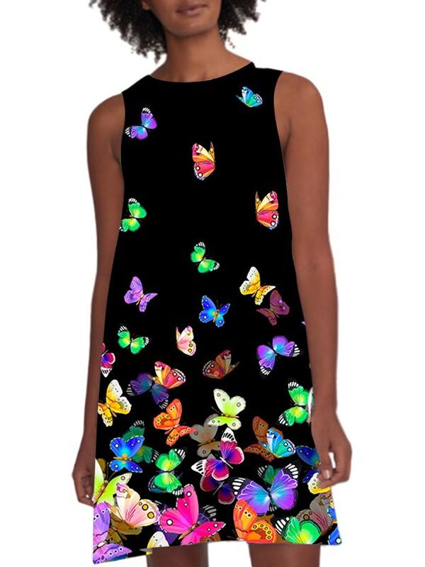 Colorful butterfly print loose sleeveless dress
