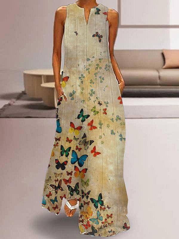 Butterfly V Neck Sleeveless Maxi Dress