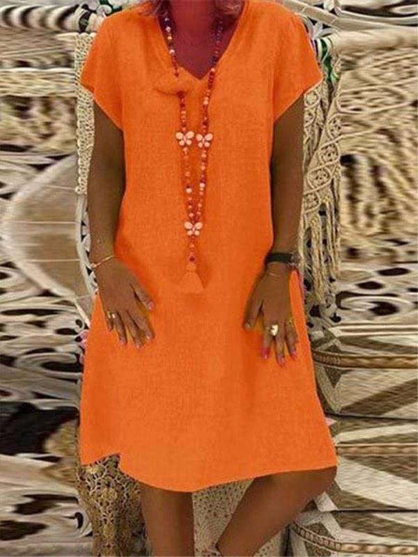 Solid color short sleeve V-neck dress