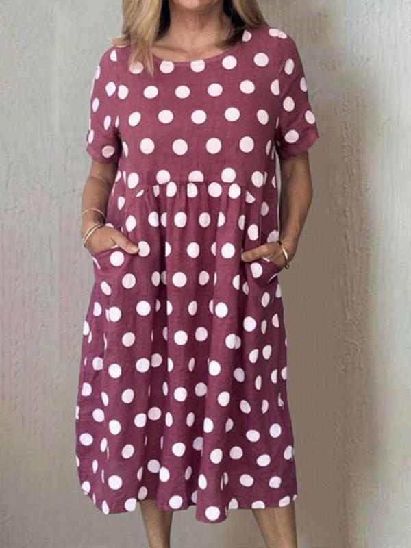 Women's Polka Dot Print Pocket Loose Short Sleeve Dress