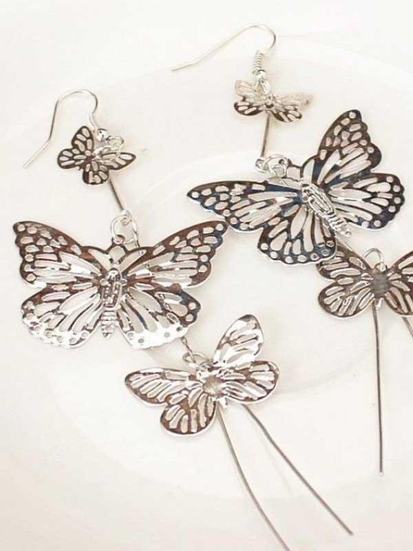 Multilayer hollow butterfly long tassel earrings