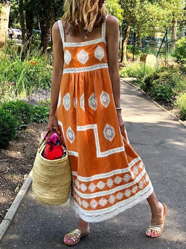 Boho Crochet Lace Paneled Maxi Dress