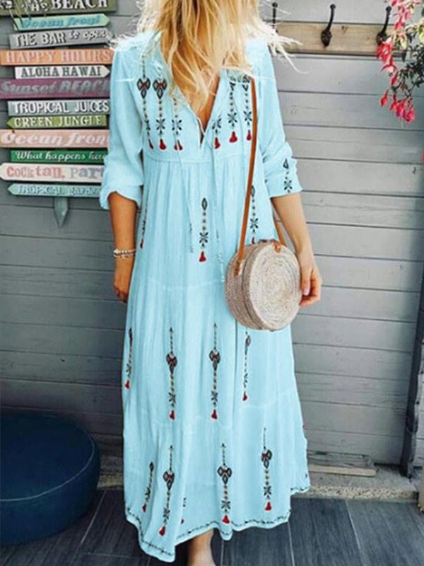 Women's fashion print drawstring cotton and linen long-sleeved dress