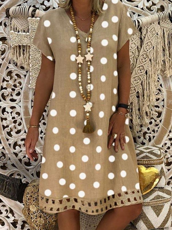 Ladies fashion V-neck polka dot cotton and linen dress