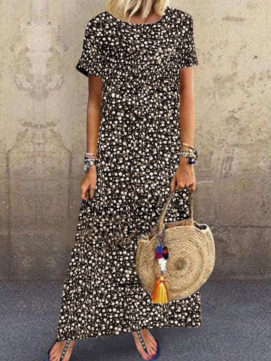Vintage Casual Loose Short Sleeve Print Long Dress