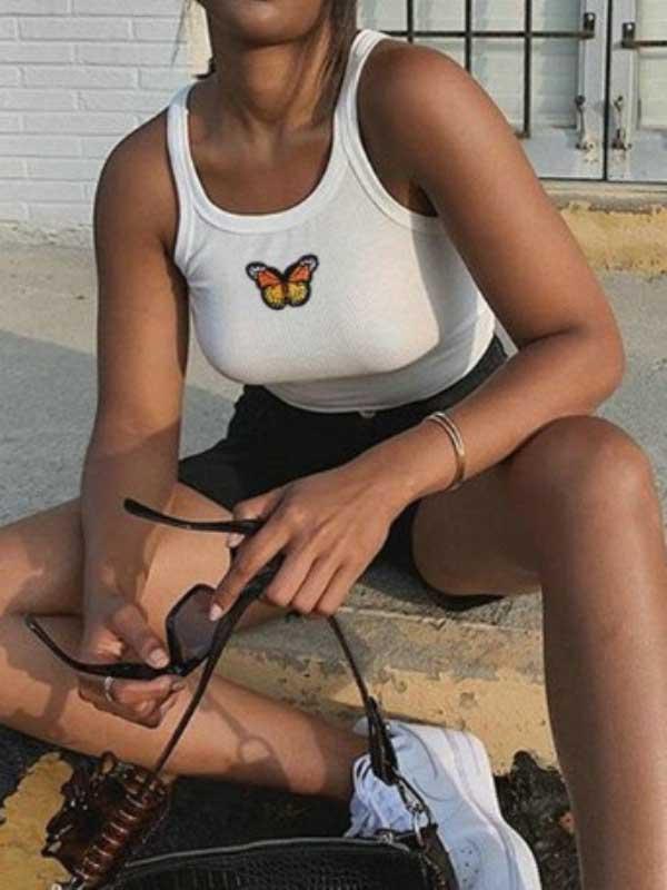 Butterfly embroidered cropped slim cotton shirt