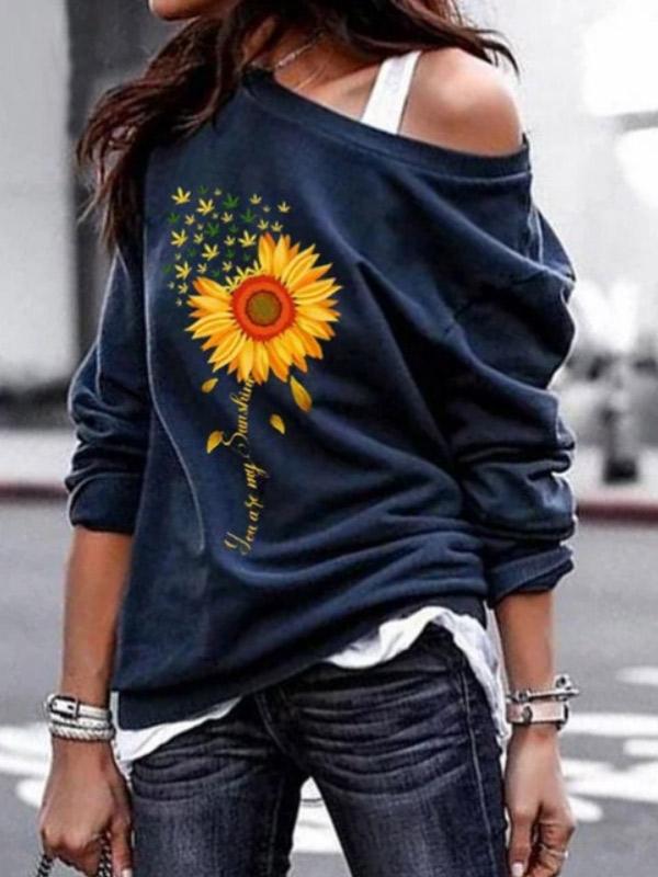 Women's wild sunflower print round neck sweater