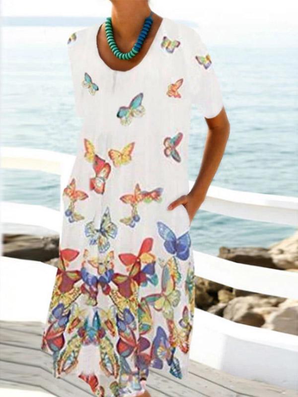 Women's Butterfly Printed Round Neck Short Sleeve Loose Dress