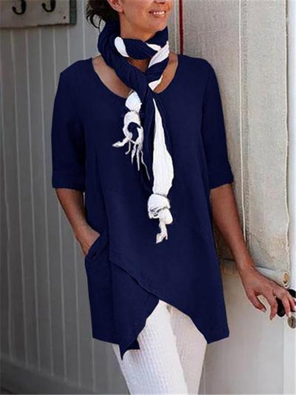 Women Asymmetrical Hem Half Sleeve Pocket Shirt