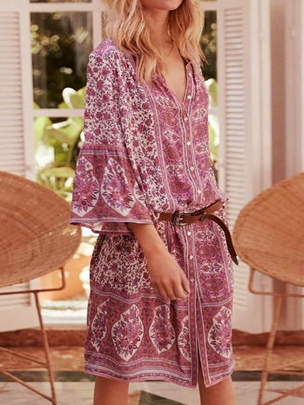 Retro Boho Print Button Down Mini Dress