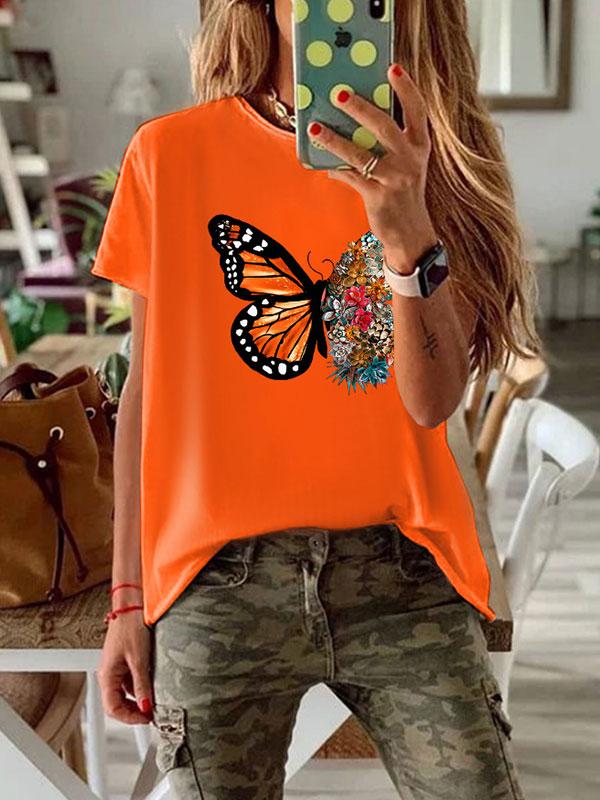 Women's round neck butterfly letter printed loose T-shirt