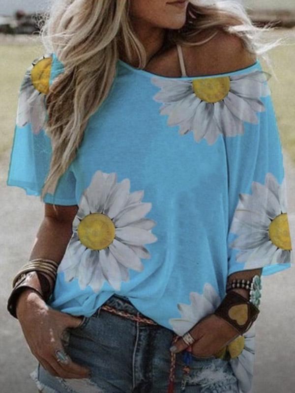 Women's loose daisy print short-sleeved T-shirt