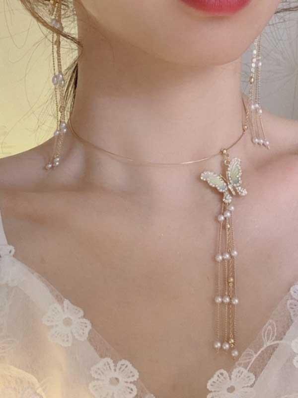 Butterfly choker niche tassel pearl collar