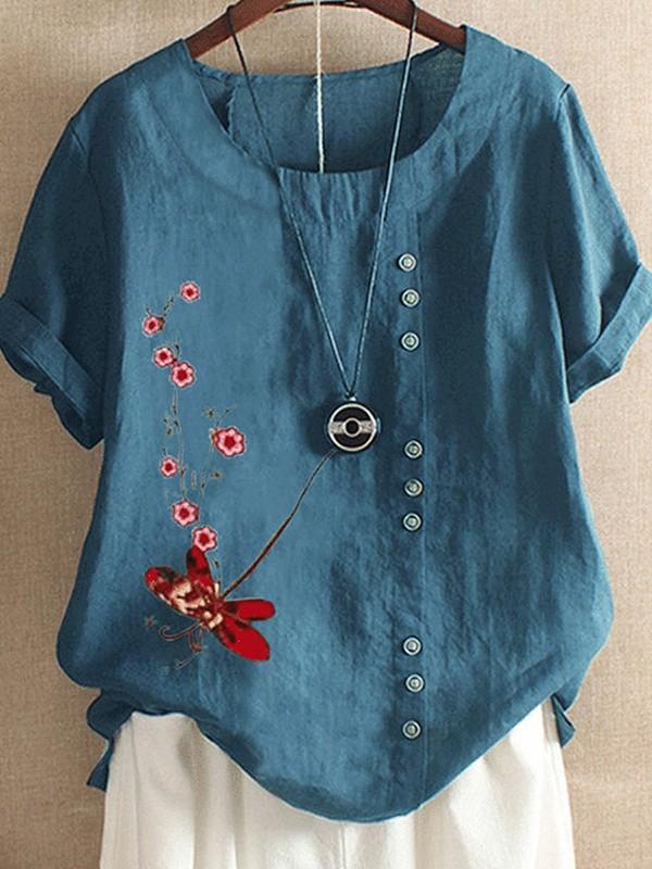 Retro cotton and linen printed button shirt