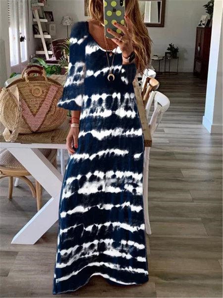 Casual Striped Print V Neck Maxi Dresses