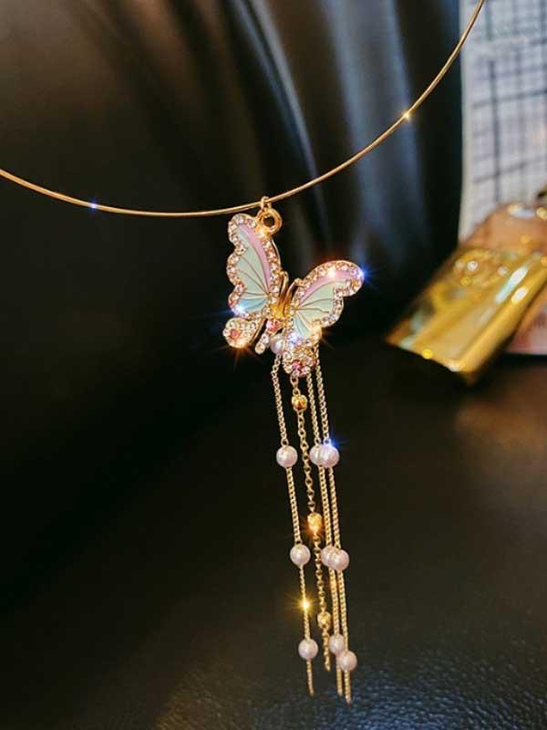 Butterfly choker niche tassel pearl collar