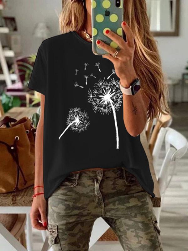 Women's dandelion printed round neck short sleeve T-shirt
