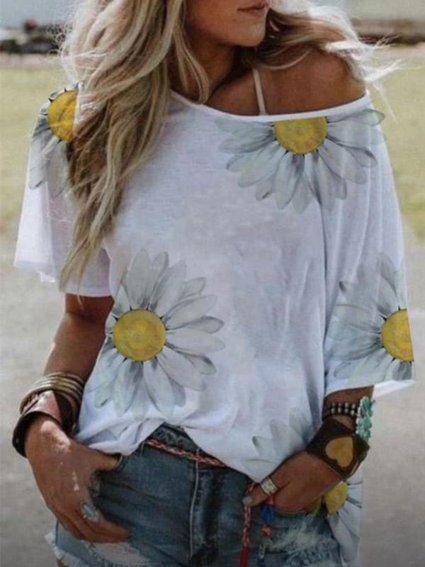 Women's loose daisy print short-sleeved T-shirt