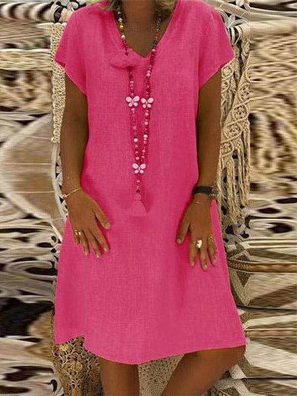 Solid color short sleeve V-neck dress