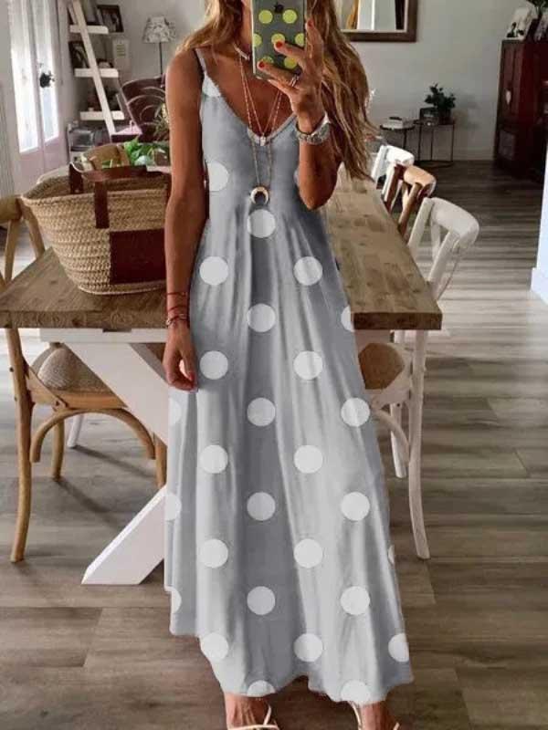 Polka dot print dress suspender maxi